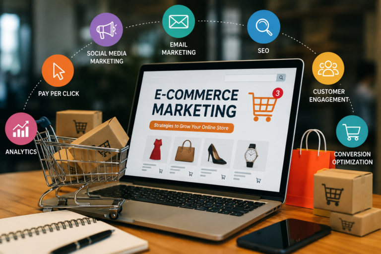 “E-commerce marketing strategies displayed on a laptop, featuring SEO, social media marketing, email marketing, PPC, analytics, customer engagement, and conversion optimization.”