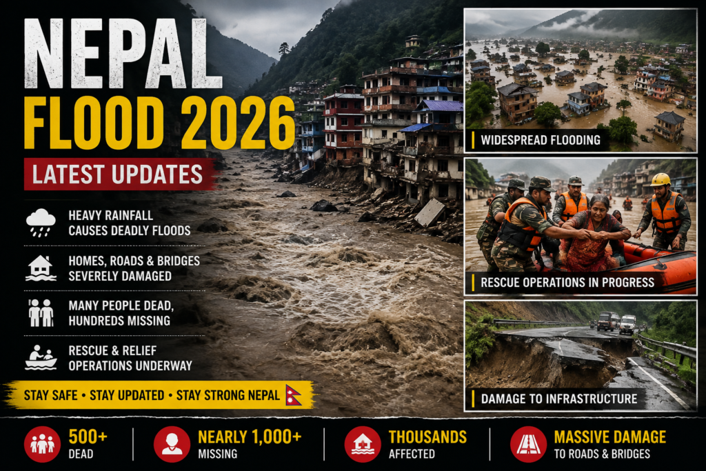 **ALT TEXT:** `Nepal Flood 2026 showing severe flooding, damaged infrastructure and rescue operations`